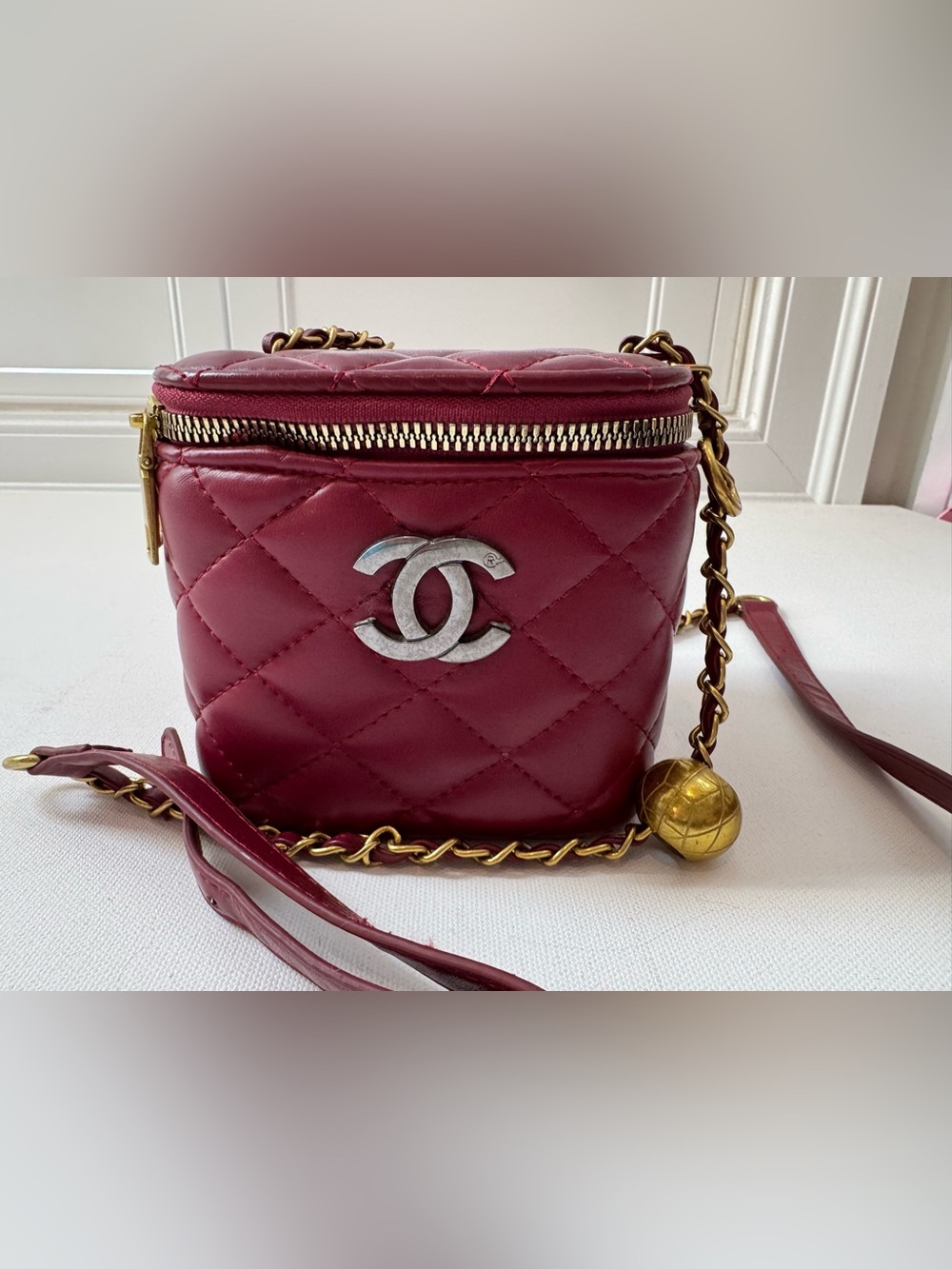 LUXE Burgundy Quilted Vanity Crossbody Bag Gold Chain Ball Charm